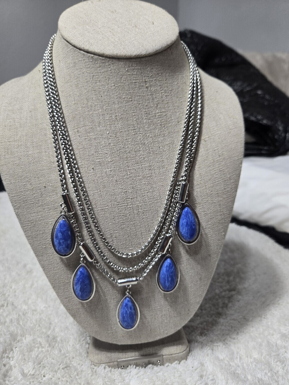 Alfani Silver 3 Row chain Necklace with Teardrop Blue Stone